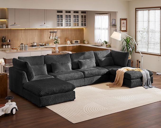 Oversized Modular Sofa, Extra Deep Cloud Corduroy Sectional Couch with Ottoman Chaise, Fluffy Chenille 6 Seat U-Shaped Sofa for Living Room, Villa (U Shape 6 Seater, Corduroy Black)