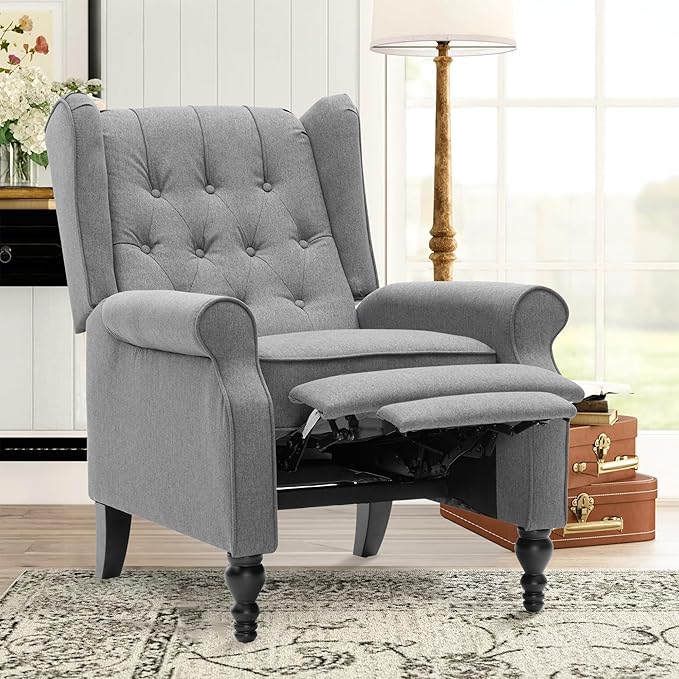 Mid Century Wingback Recliner Chair for Adults, Modern Linen Fabric Push Back Recliner Chairs with Button Tufted Upholstered Back & Footrest, Manual Recliner Chais for Living Room, Nursery, Gray
