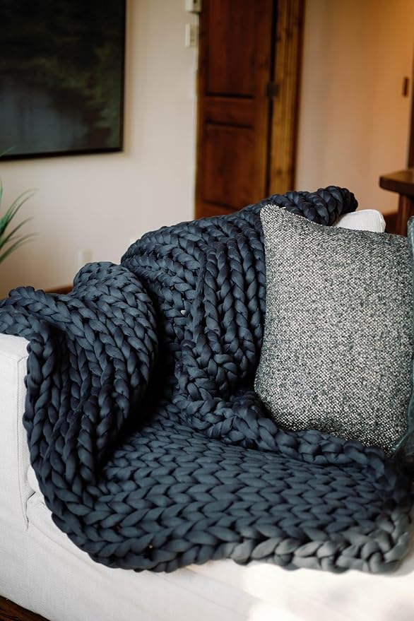 Nuzzie Chunky Knit Weighted Blanket - Breathable, Cooling, Hand Made Knit Throw Blanket for Sleep - Machine Washable, Stylish Decor Design (Charcoal, Queen | 28lbs | 80"x80")