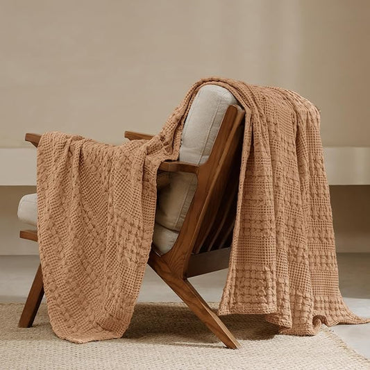 PHF 100% Cotton Waffle Weave Throw Blanket, Soft Lightweight Breathable Cozy Summer Throws for Couch Bed Sofa, Luxury Aesthetic Woven Blanket for Home Decor & Office, 50"x60", Camel
