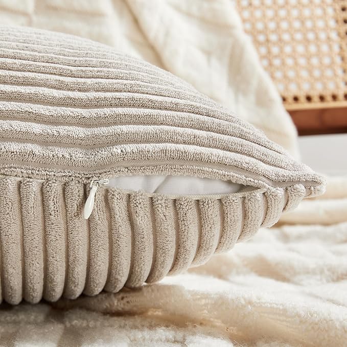 Fancy Homi 2 Packs Neutral Taupe Lumbar Decorative Throw Pillow Covers 12x24 Inch for Living Room Couch Bed Sofa, Farmhouse Home Decor, Soft Striped Corduroy Rectangle Accent Cushion Case 30x60 cm