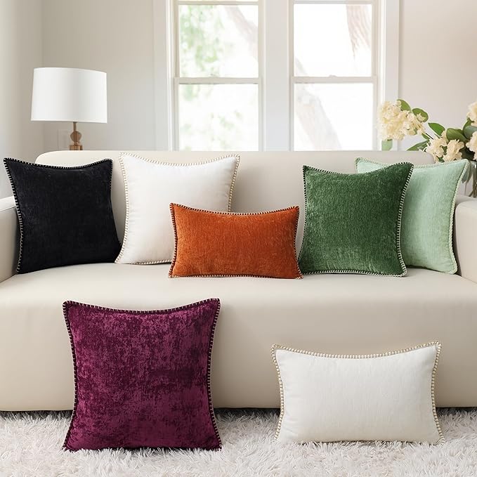 decorUhome Chenille Soft Throw Pillow Covers 20x20 Set of 2, Farmhouse Velvet Neutral Decorative Euro Pillow Covers with Stitched Edge for Couch Sofa Bed Home Decor, Black