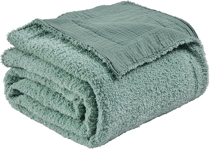 EMME Muslin and Fleece Throw Blanket Reversible - 50"*60" Teal Soft Warm Throw Blankets for Couch Bed Picnic Travel Bed