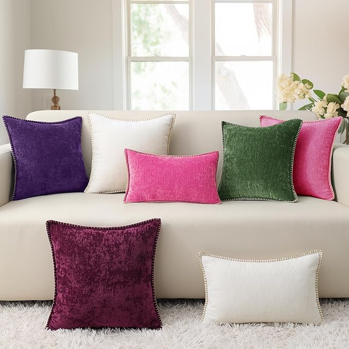 decorUhome Chenille Soft Throw Pillow Covers 20x20 Set of 2, Farmhouse Velvet Neutral Decorative Euro Pillow Covers with Stitched Edge for Couch Sofa Bed Home Decor, Hot Pink