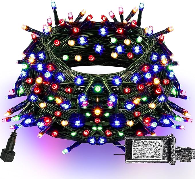 Dazzle Bright 300 LED Christmas String Lights, 100 FT Connectable Waterproof String Lights Green Wire with 8 Modes, Christmas Decorations for Indoor Outdoor Xmas Party Yard Garden (Multi Colored)