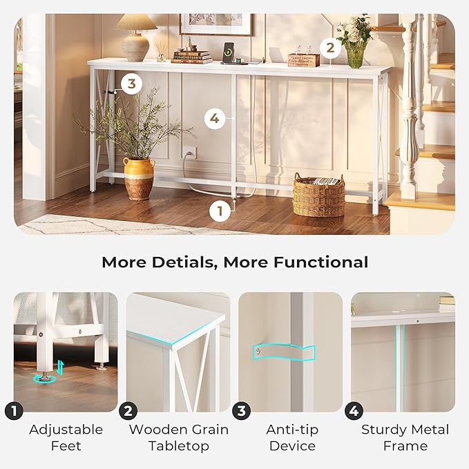 SUPERJARE 70 Inch Console Table with Outlets and USB-C Port, Extra Long Behind Couch Sofa Table with X-Shaped Design, Narrow for Entryway, Living Room, Metal Frame, Wooden Top, White