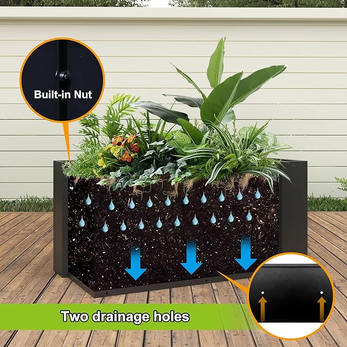 Steel Planter 36" x 12" x 16" Metal Rectangle Outdoor Planter Black Powder Coated Flower Box Metallic Heavy Pot Indoor & Outdoor, Commercial & Residential (L36 x W12 x D16, Black)
