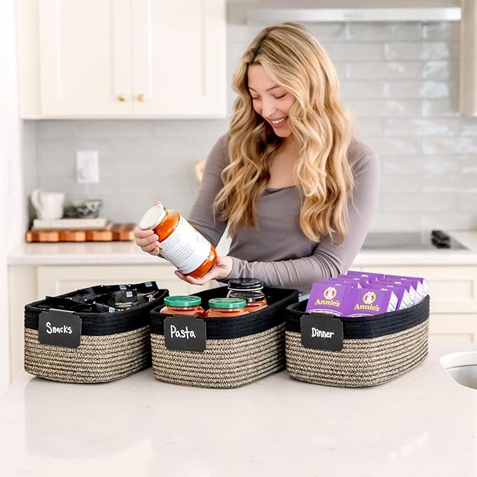 NaturalCozy 13.5”x8.5”x5.5” Rectangle Storage Baskets for Shelves 3 Pack | Cotton Rope Woven Small Baskets for Organizing | Small Storage Bins for Nursery, Bathroom, Closet, Shelf, Decorative