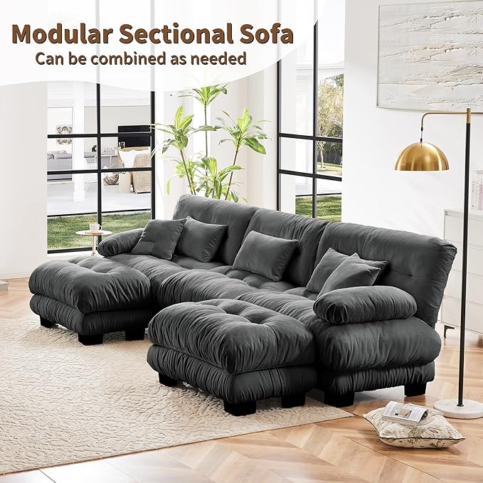 U Shaped Couch Sectional Couch, 3-Seater Cloud Couch Sectional Oversized Couch, Sofa Bed Couch with Round Bolster Armrests 5 Pillows, Modular Couch Home Sofa Living Room Couch(Gray)