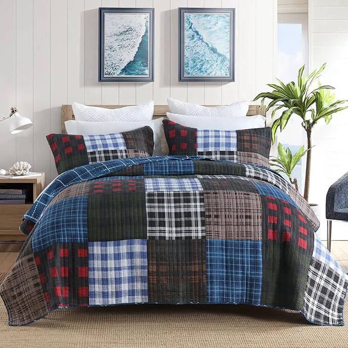 NEWLAKE Quilt Set Queen Size, Cotton Patchwork Blue Black Checkered Patterns Quilt Sets, Reversible Bedspread Lightweight and Breathable for All Seasons, Soft Quilted Bedspread with 2 Pillow Shams