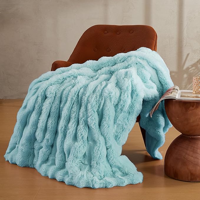 JELLYMONI Faux Fur Throw Blanket, Blue Cozy Plush Bubble Bed Blanket, Thick and Warm, Queen (90" x 90")