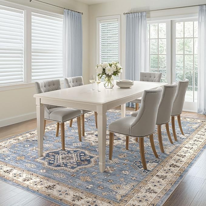 Washable Area Rugs for Living Room -8x10 Neutral Vintage Distressed Floral Farmhouse Boho Large Soft Floor Rug Indoor Non Slip Carpet for Living Room Bedroom Dining Room Office - Blue