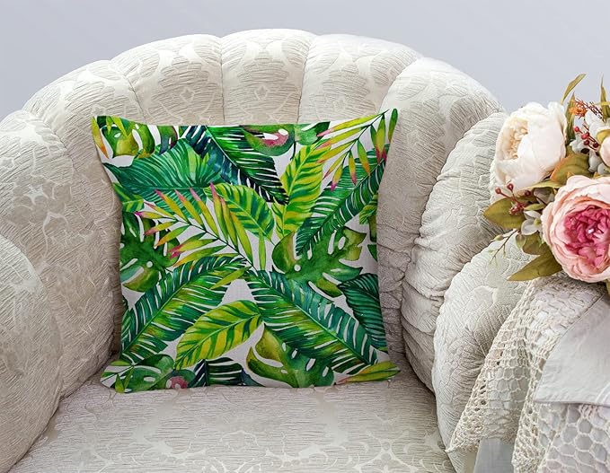 TSSOHU Orange Leaves Outdoor Throw Pillow Cover - Green Tropical Palm, Banana Leaves Decorative Cushion Cases - Farmhouse Style Home Decor for Couch - 18x18 inch
