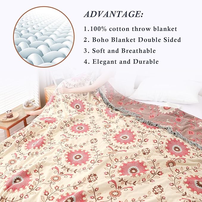 Snycler Boho Throw Blanket for Bed - 100% Cotton Ultra Soft Rustic Quilt - Pink Boho Floral Printed Farmhouse Decor Bed Blankets, 80"×90" All Season Rustic Throw for Sofa Couch Chair
