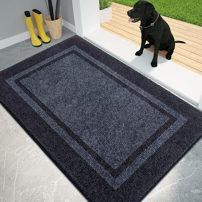 PURRUGS Dirt Trapping Door Mat 34" x 60", Non-Slip/Skid Machine Washable Entryway Rug, Shoes Scraper, Area Rug, Super Absorbent Welcome Mat for Muddy Wet Shoes and Paws, Bluish Grey & Charcoal