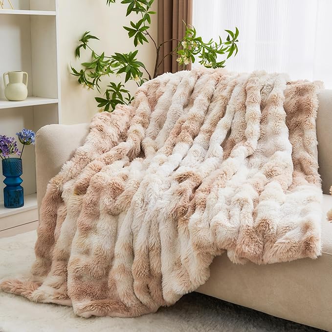 RYNGHIPY Faux Rabbit Fur Bed Throws Fluffy Warm Throw Blanket for Sofa Couch Soft Plush Decorative Blanket Thick and Heavy Cute Bubble Furry Blanket (Light Tan, 51''x63'')