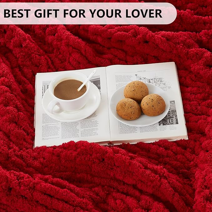 L'AGRATY Chunky Knit Blanket Throw: 80''x90'' Chenille Chunky Knitted Throw Blanket for Bed Couch - Handmade Thick Big Cable Knit Blanket - Large Chunky Crochet Rope Blanket for Home Decor(Red)