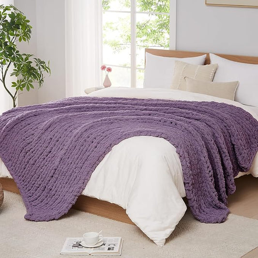 L'AGRATY Chunky Knit Blanket Throw: 60''x80'' Chenille Chunky Knitted Throw Blanket for Bed Couch - Handmade Thick Big Cable Knit Blanket - Large Crochet Rope Blanket for Home Decor(Deep Purple)