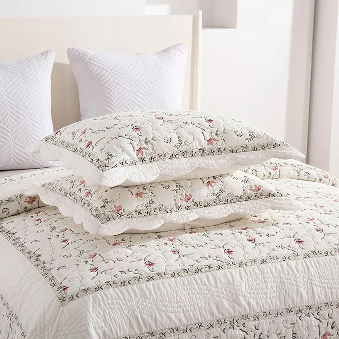 MarCielo 3-Piece 100% Cotton Oversized Bedspread Lightweight Quilt Coverlet Embroidery Farmhouse Bedding Set(TC Soft White,Oversized King (118"x106"))