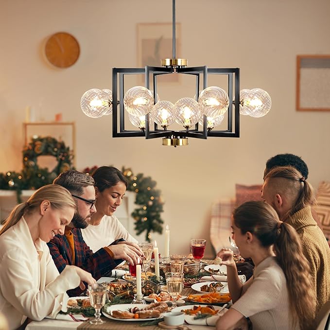 12 Light Black Farmhouse Chandelier Geometric Metal Dining Room Light Fixture Height Adjustable Black Chandeliers for Dining Room Clear Glass Farmhouse Industrial Pendant Lights for Bedroom, Entryway
