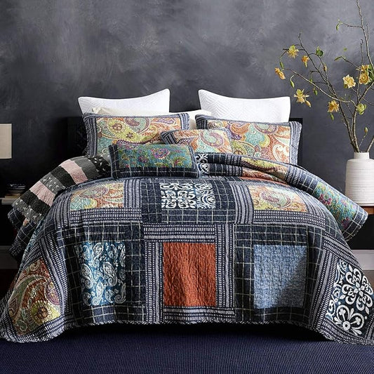 NEWLAKE Bedspread Quilt Set with Real Stitched Embroidery, Paisley Grid Pattern,Queen Size