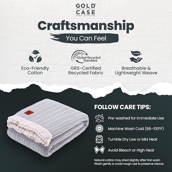 Gold Case Throw Blanket for Bed – 100% Recycled Turkish Cotton Bed Blanket – Decorative Throw Cotton Blankets for Living Room & Bedroom – Woven Twin Blankets - 71x90 - Grey