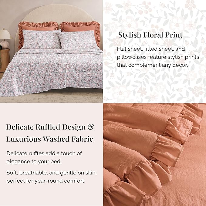 Queen Comforter Set - 7 Pieces Ruffle Autumn Leaf Bedding Sets, Shabby Chic Farmhouse Bed in a Bag Queen with Ruffle Comforter, Floral Sheets, Pillowcases & Shams