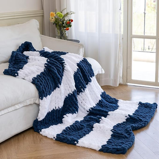 Chunky Knit Blanket - Luxury Soft Cozy 60 * 80 Throw Blanket,100% Woven Blanket Rope Knot Throw Blanket for Couch, Sofa, Home Decor, Gift - Machine Washable（White/Deep Blue）