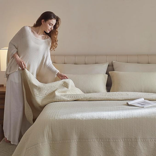 MarCielo 3-Piece 100% Cotton Oversized Bedspread Lightweight Quilt Coverlet Embroidery Farmhouse Bedding Set (TG Yellowish Beige, Oversized King (118"x106"))