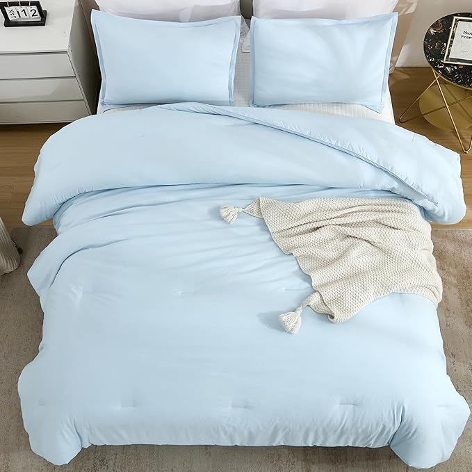 Litanika Comforters Light Blue California King Size, 3 Pieces Cal King Lightweight Solid Bedding Comforter Set, All Season Fluffy Bed Set (104x96In Comforter & 2 Pillowcases)