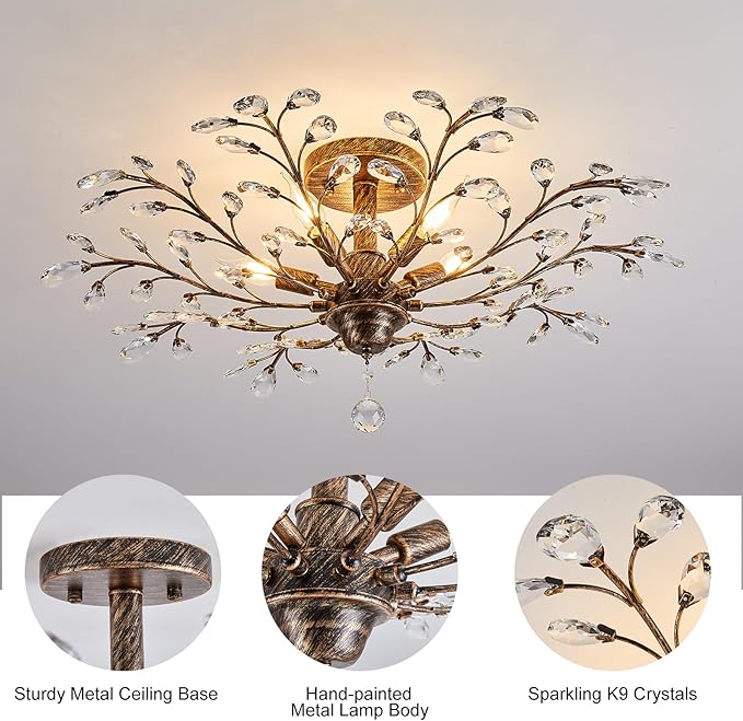 Ganeed Vintage Crystal Chandelier, Modern Bronze Branches Ceiling Light Fixture with 5-Light Heads for Farmhouse Living Room Dinning Room Kitchen Over Table Hallway