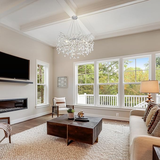 Modern Round Crystal Chandeliers, 30" Crystal Chandeliers for Dining Room,Silver Tree Branches Chandelier, for Living Room,High Ceiling,Foyer,Entryway,Kitchen Island