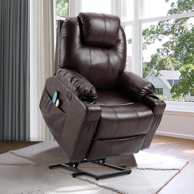 VIVIJASON Power Lift Chair Electric Recliner for Elderly Heated Vibration Massage Faux Leather Recliner Chair with 2 Remote Controls, Cup Holders, Side Pockets & USB Ports for Living Room (Brown)