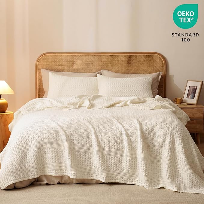 PHF 100% Cotton Waffle Weave Blanket Twin Size, Soft Lightweight Breathable Cozy Summer Blankets for Bed, Luxury Aesthetic Woven Bedding for Home Decor, 66"x90", Undyed