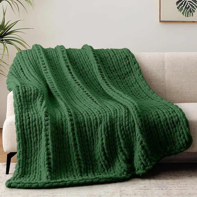 Chunky Knit Throw Blanket, 50''*60'' Knitted Throw Chenille Yarn for Bed Couch, Handmade Grass Green Crochet Big Thick Blanket, Machine Washable Cute Comfy Blanket for Home Decor