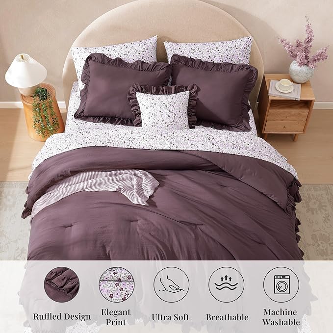 Queen Comforter Set - 7 Pieces Ruffle Purple Bedding Sets, Shabby Chic Farmhouse Bed in a Bag Queen with Ruffle Comforter, Floral Sheets, Pillowcases & Shams