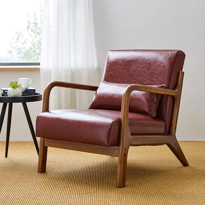 Glitzhome 30.75" H Mid Century Red Accent Armchair, Single Reading Armchair PU Leather Lounge Chair with Walnut Ruberwood Frame