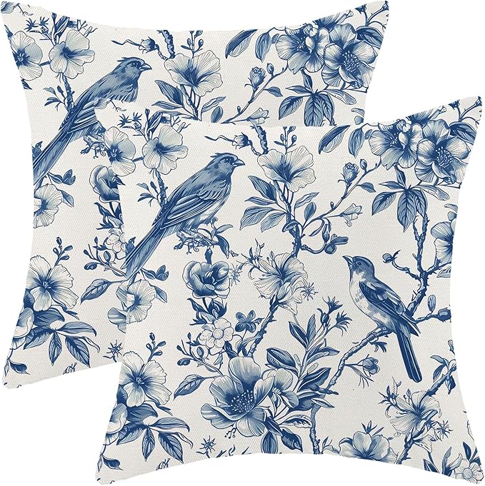 Navy Blue Spring Floral Pillow Covers 18 x 18 Inch Set of 2 for Chinoiserie Vintage Flowers Bird Decor Throw Pillows Plant Farmhouse Outdoor Decorative Cushion Cases for Couch Bed Decorations