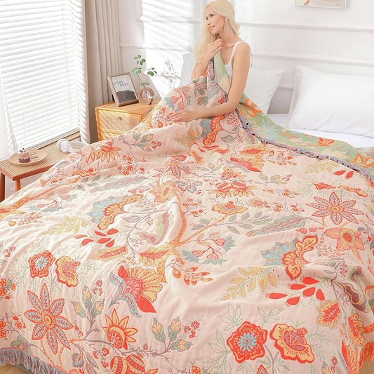Boho Throw Blanket for Bed - 100% Pure Cotton Ultra Soft Rustic Quilt - Farmhouse Decor Bed Blankets, All Season Rustic Throw for Sofa Couch Chair(80''x 90'', Floral)