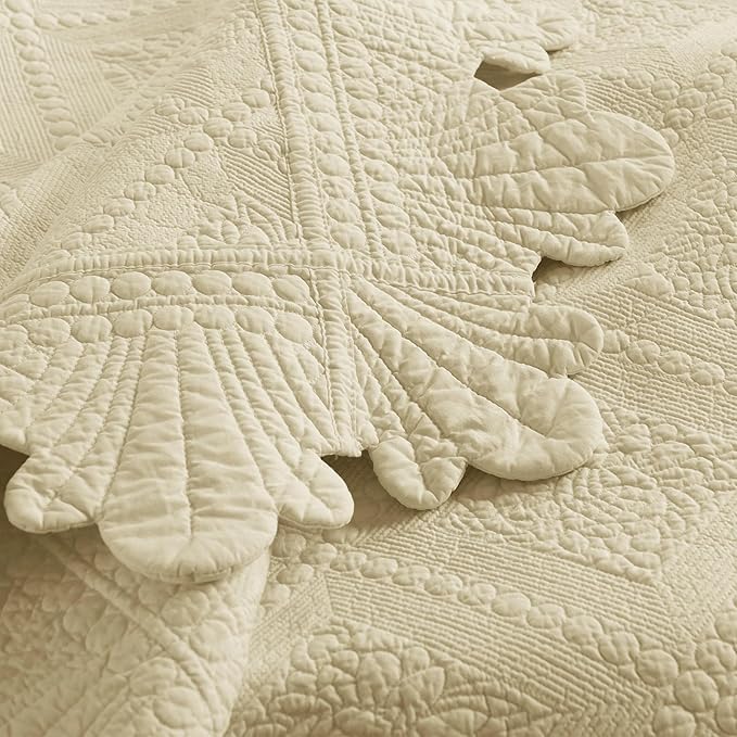 MarCielo 3-Piece 100% Cotton Oversized Bedspread Lightweight Quilt Coverlet Embroidery Farmhouse Bedding Set (Tk Beige Khaki, Oversized Queen (100"x106"))