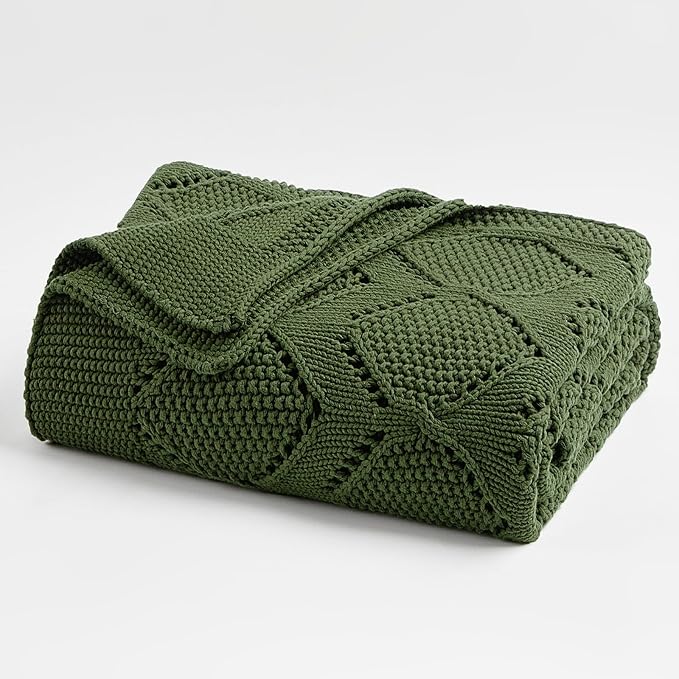 Longhui bedding Chunky Cotton Knit Throw Blanket for Couch, Sofa, Bed, or Chair, Decorative Breathable Fall Cable Knit Blanket 60 x 80 Inches, Large Olive Green
