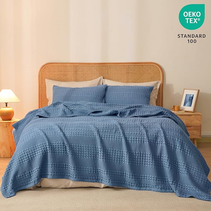 PHF 100% Cotton Waffle Weave Blanket Queen Size, Soft Lightweight Breathable Cozy Summer Blankets for Bed, Luxury Aesthetic Woven Bedding for Home Decor, 90"x90", Captain's Blue