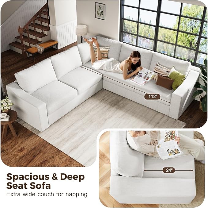 112" Modular Sectional Sofa, Large 7 Seater L Shaped Couch with Detachable Sofa Cover, Movable Ottoman, Deep Seat Corner Couch for Living Room, Apartment - Linen Fabric, Ivory