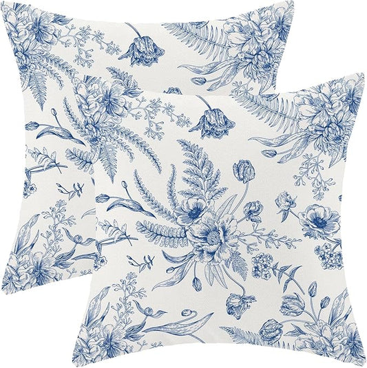 CXMEIFLY Spring Floral Leaves Pillow Covers 18 x 18 Inch Set of 2 for Chinoiserie Flowers Decor Throw Pillows Blue and White Seasonal Plant Outdoor Decorative Cushion Cases for Couch Bed Decorations