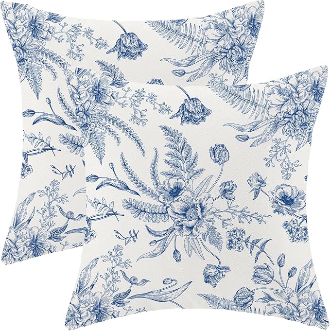 CXMEIFLY Spring Floral Leaves Pillow Covers 24 x 24 Inch Set of 2 for Chinoiserie Flowers Decor Throw Pillows Blue and White Seasonal Plant Outdoor Decorative Cushion Cases for Couch Bed Decorations