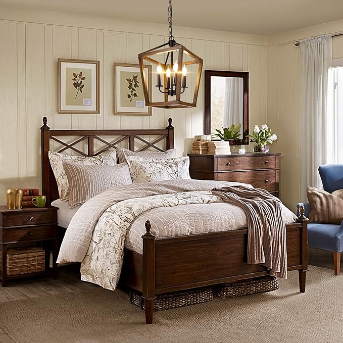 Farmhouse Chandelier Light Fixture for Kitchen Dining Room, 4-Light Rustic Pendant Hanging Ceiling Light Height Adjustable in Oak Wood Finish, Cage Lantern Lighting with E12 Base for Hallway Foyer