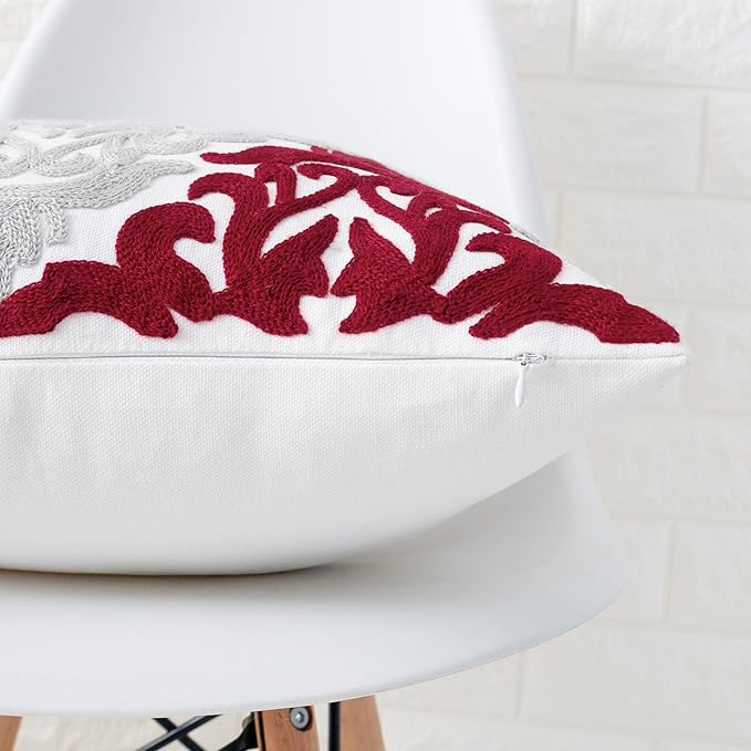 HWY 50 Burgundy Red Decorative Throw Pillow Covers 18x18 Inch, Pack of 2 Embroidered Cotton Farmhouse Cushion Cover Pillow Case for Sofa Couch Living Room Bed Bedroon, Accent Geometric