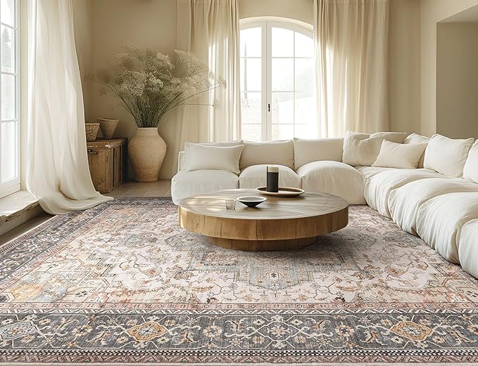 Washable Area Rugs for Living Room - 8x10 Neutral Vintage Distressed Floral Farmhouse Boho Large Soft Floor Rug Indoor Non Slip Carpet for Bedroom Dining Room Office -Forest Green Orange