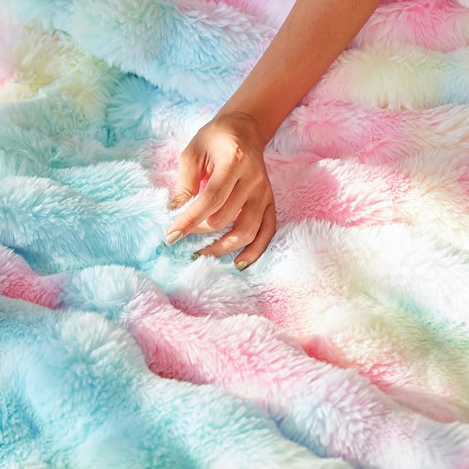RYNGHIPY Faux Fur Throw Blanket Tie Dye Colorful Rainbow Blanket for Couch Plush Fluffy Faux Rabbit Fur Decoration Blanket for Sofa Chair Bed (Rainbow, 63''x79'')