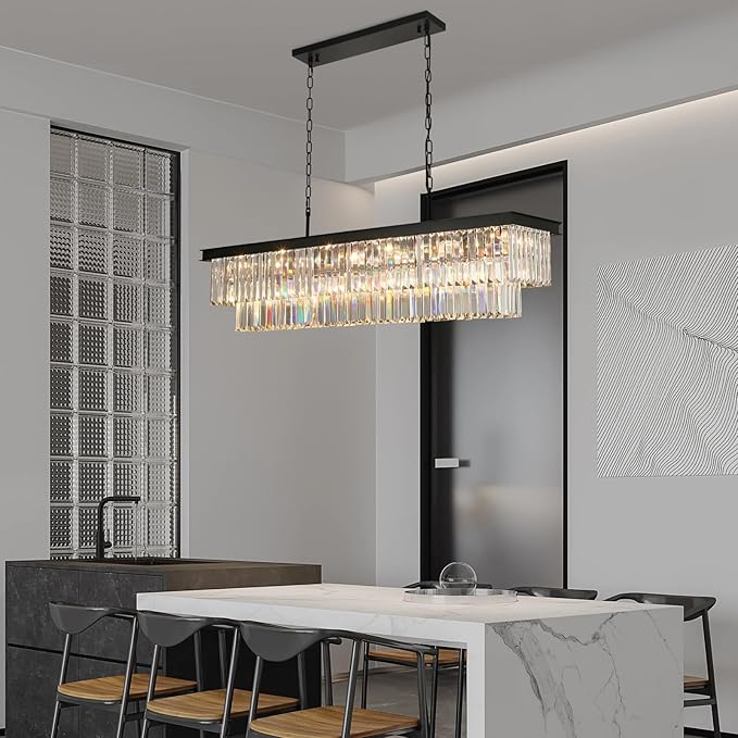 Crystal Chandeliers for Dining Room Light Fixtures Over Table，18-Lights Black Modern Rectangle Chandeliers for Kitchen Island Bar L46 Inch